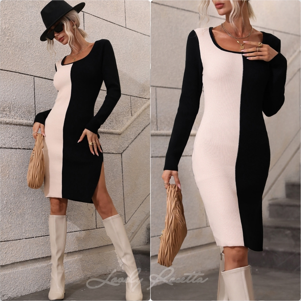 Statement Dress with Bold Contrast & Slit